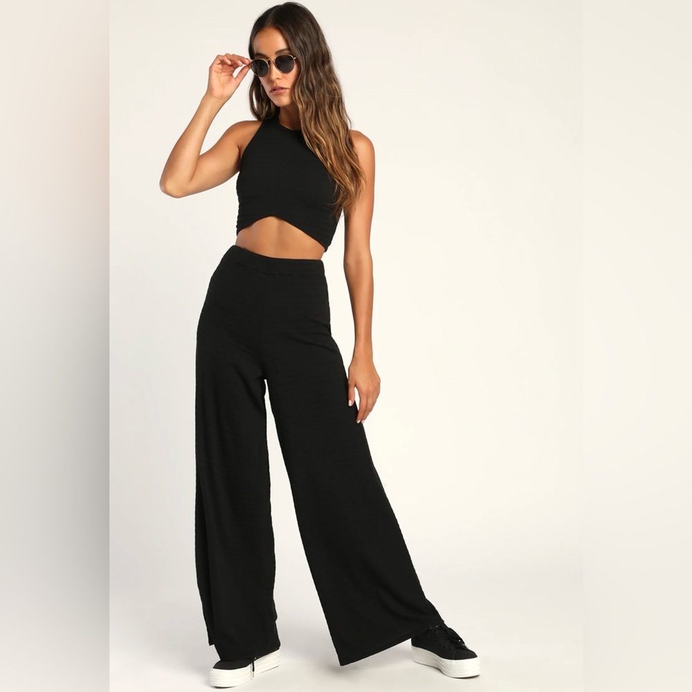 Lulus Wide Leg Blissful Beginnings Black Lounge Pants